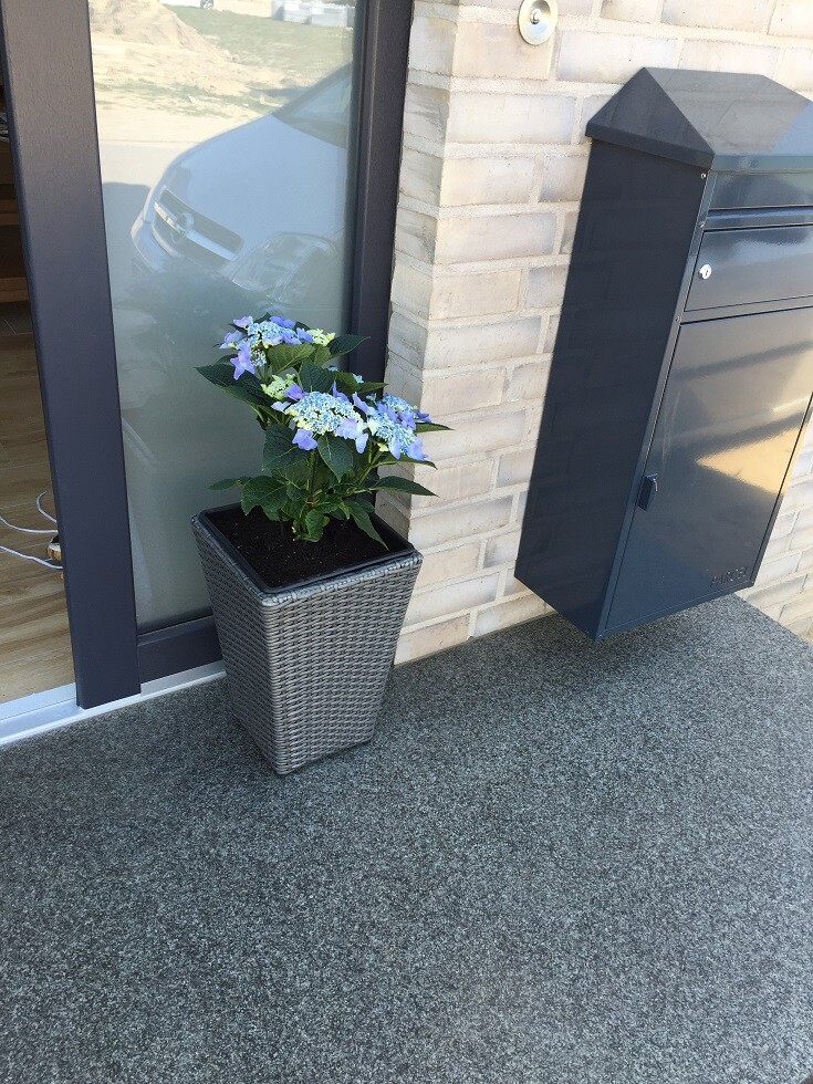 Blaue Hortensie in einem grauen Quadrat-Topf vor Glastür und Briefkasten am Eingang.