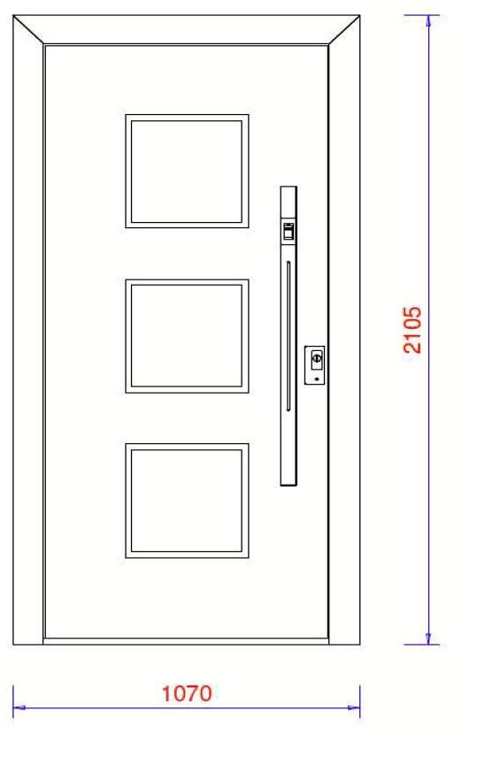 Türfront mit drei quadratischen Feldern, senkrechter Griff, Maße 1070 mm × 2105 mm
