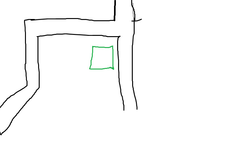 Minimalistische Skizze: Eine schwarze Raumecke mit einem grünen Quadrat im Türrahmen.