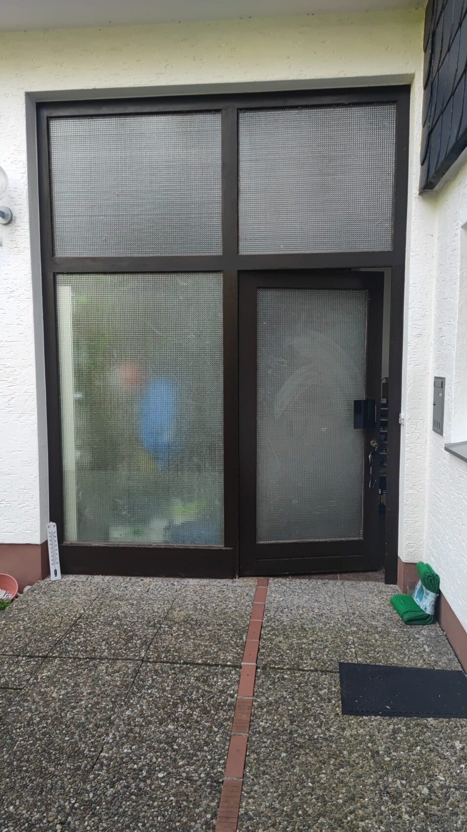 Braune Eingangstür aus Metall mit glasgefüllten Fenstern im gepflasterten Eingangsbereich