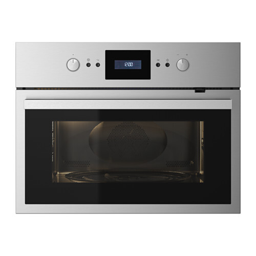Edelstahl-Backofen mit Glasfront, Display und zwei Bedienelementen; Innenraum sichtbar