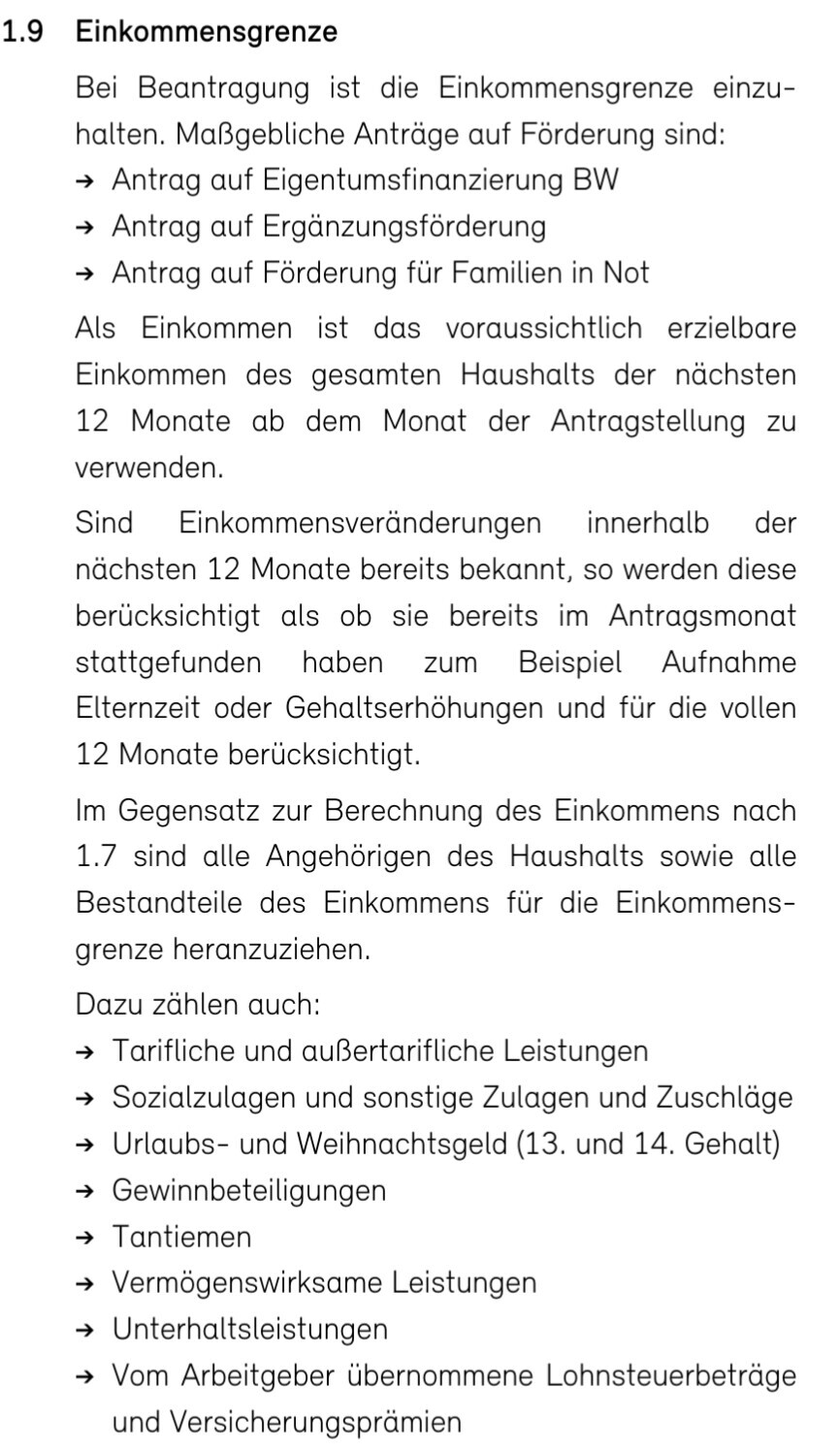 Abschnitt 1.9 Einkommensgrenze: Aufzählung von Förderanträgen und Einkommen.