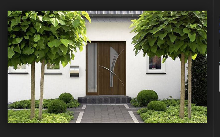 Weiße Hausfront mit dunkler Holztür, zwei Fenster, Treppenstufe und grünem Vorgarten mit Bäumen.