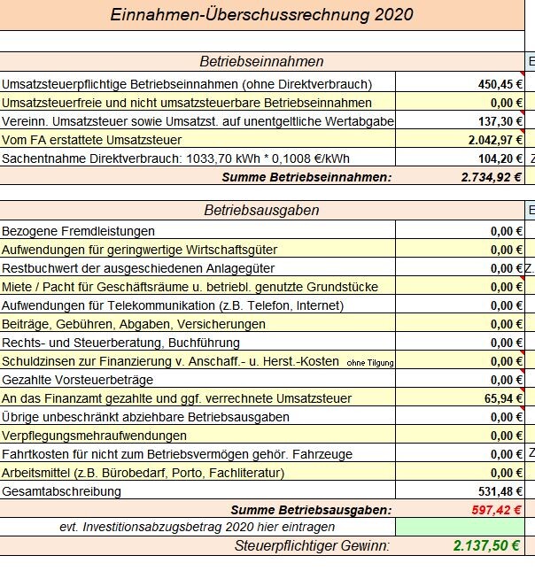 Einnahmen-Überschussrechnung 2020: Überblick über Betriebseinnahmen und -ausgaben mit Summe