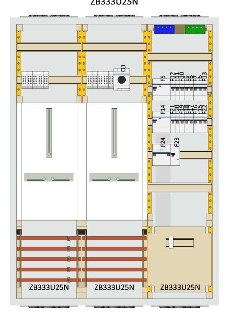 Elektrischer Verteilerkasten im Schrank mit Sicherungen und Beschriftungen ZB333U25N
