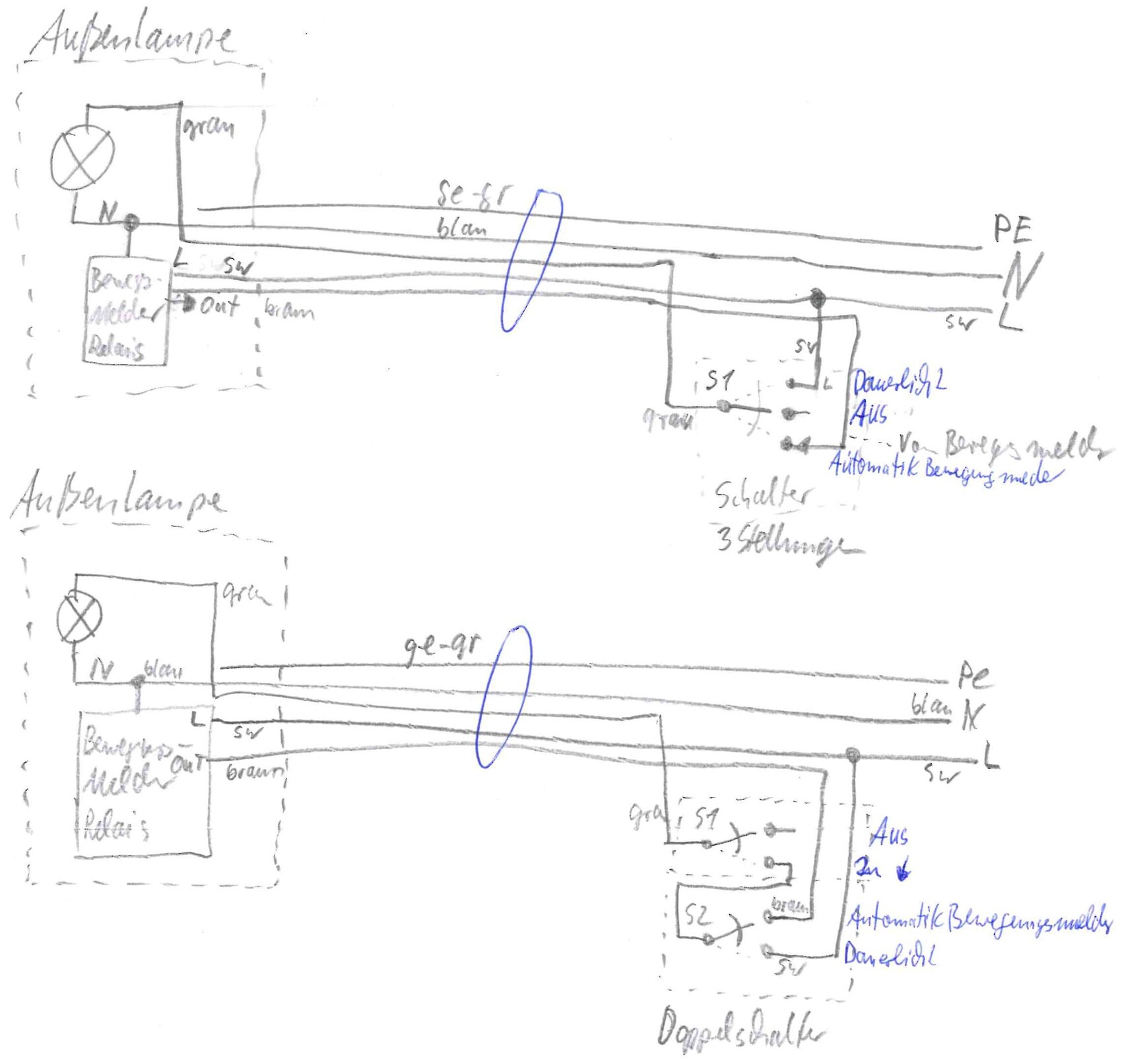 Skizze eines Elektro-Schaltplans mit Außen- und Innenlampe, Schalter, Relais und 5V-Leitungen.