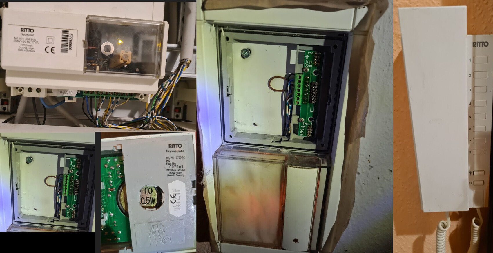 Collage aus Ritto Netzgerät, Schalttafel, Platine und Türsprechmodul, Kabelbunde sichtbar.