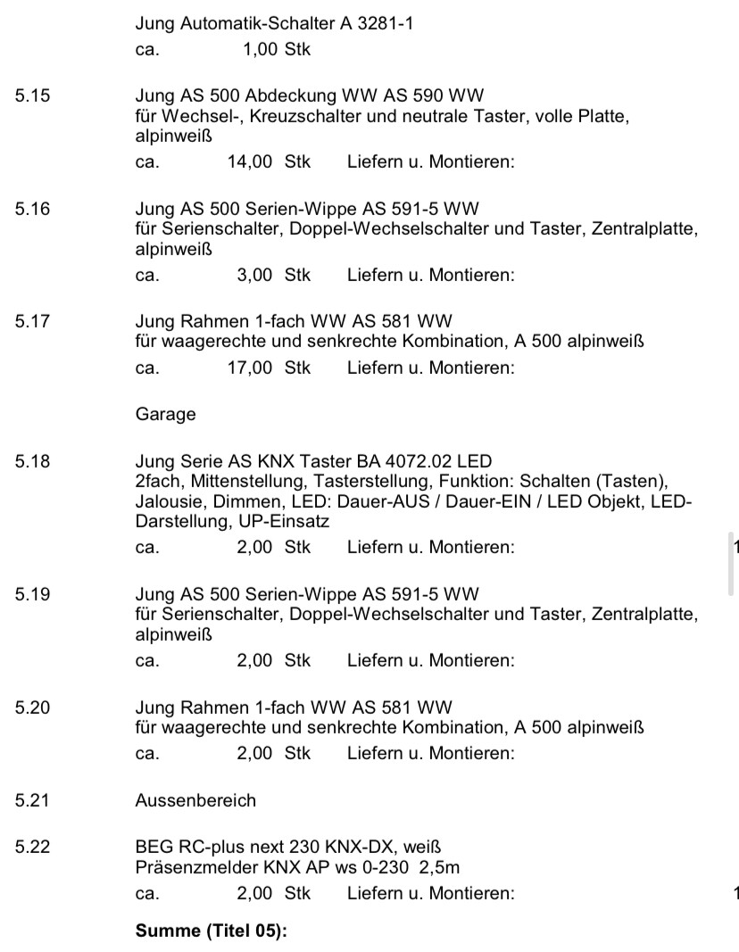 Jung Bauteil-Liste: Automatik-Schalter A 3281-1, Abdeckung, Wippe, Rahmen, LED-Taster.