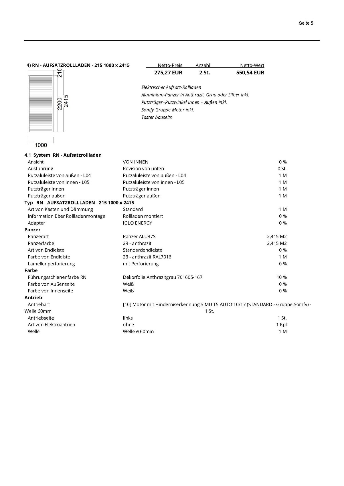 Technische Blattseite mit Diagramm eines RN-Aufsatzrollladens und Preisinformationen.
