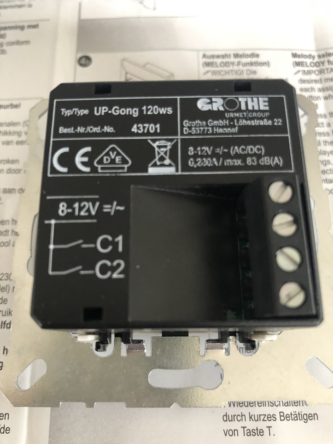 Schwarzes UP-Gong 120ws Türgong-Modul mit Klemmen C1/C2, 8-12V AC/DC, CE-Kennzeichnung