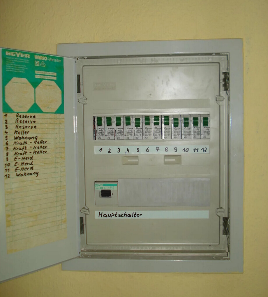 Verteilerschrank mit Sicherungen und Hauptschalter an gelber Wand