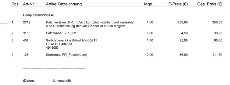 Beleg mit Bestellpositionen: Patchverteiler, Patchkabel, Switch, Steckdose und Preise.