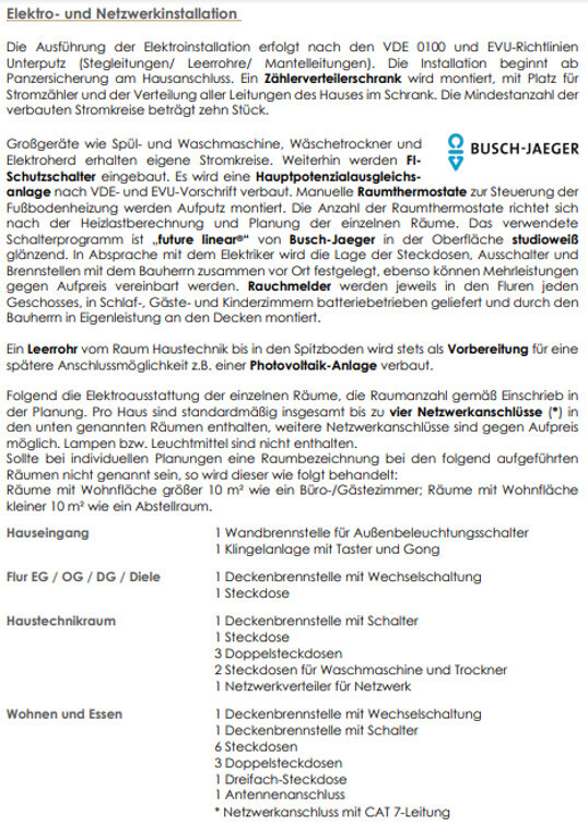Technische Seite zur Elektro- und Netzwerkinstallation mit Raumaufteilung und Steckdosenliste.