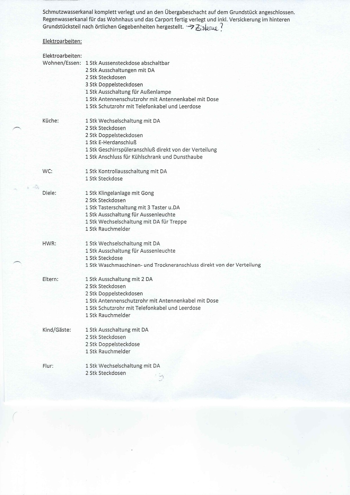 Dokument mit Liste von Elektroarbeiten im Wohnhaus, Küche, WC, Diele und Flur
