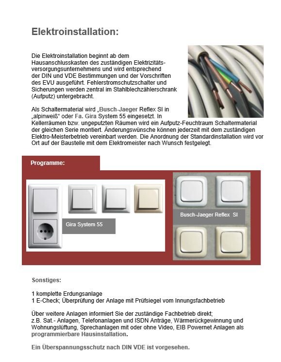 Dokument zur Elektroinstallation im Haus mit Schalterprogrammen und Steckdosen.
