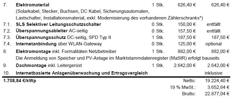 Kostenaufstellung PV-Anlage: Material, Montage, Netzbetreiber-Formalitäten, Preise