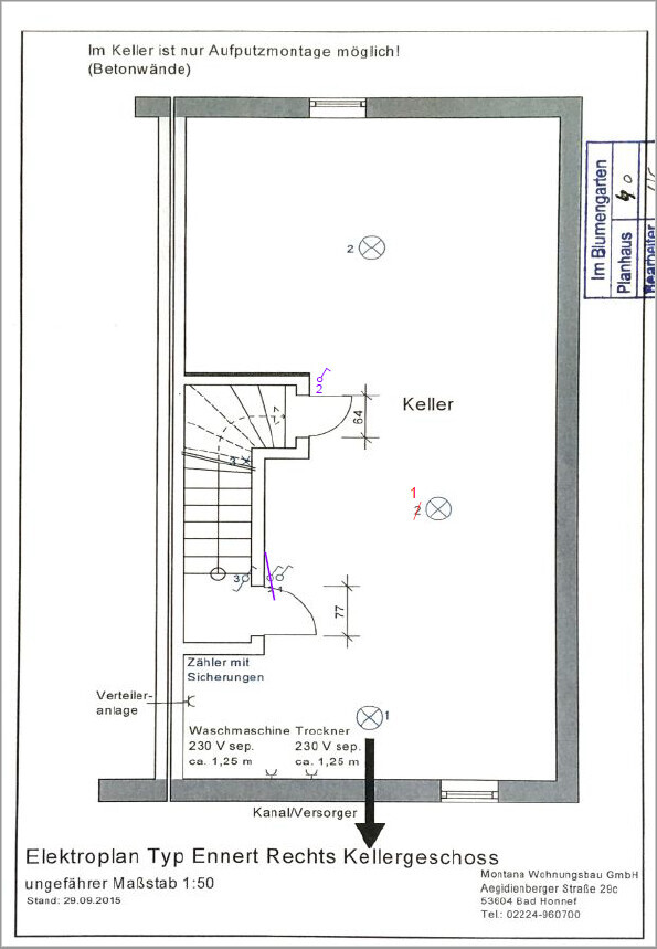 Elektroplan Kellergeschoss rechts mit Treppenbereich, Verteileranlage und Zählern