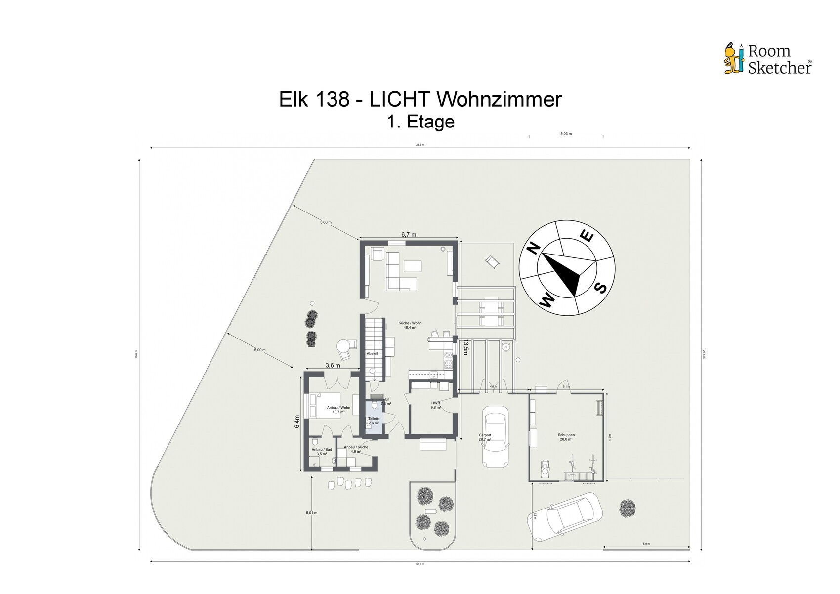 Grundriss eines Hauses, 1. Etage: Wohnzimmer, Küche, Garage, Garten, Kompass.