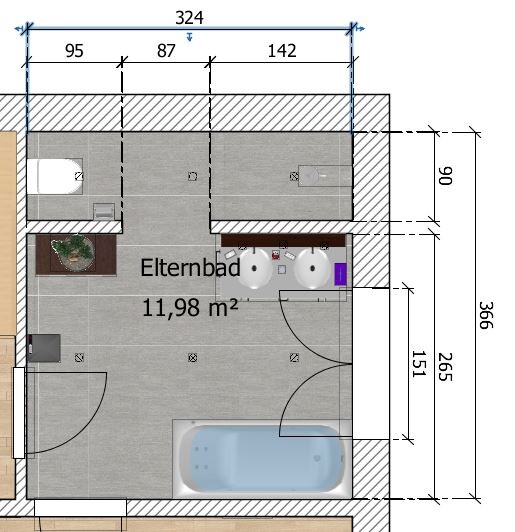 Grundriss eines Elternbads (11,98 m²) mit Badewanne, zwei Waschbecken, Tür und Möbeln.