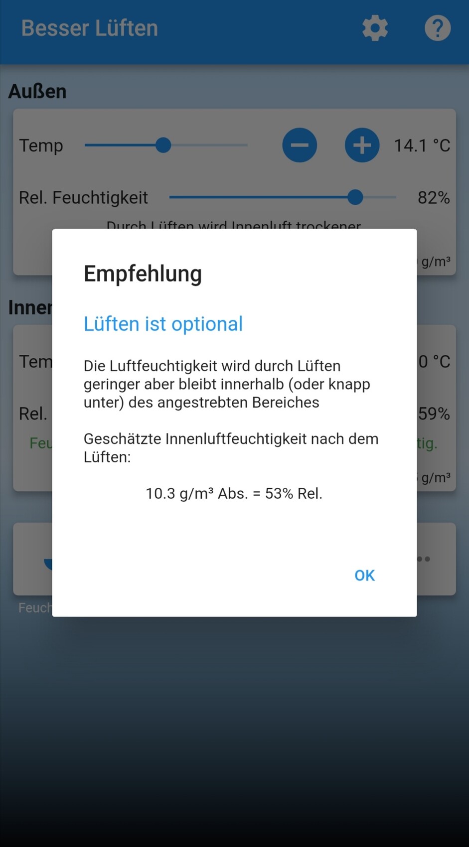 App-Bildschirm 'Besser Lüften' mit Popup 'Lüften ist optional' und Temp/Feuchte.