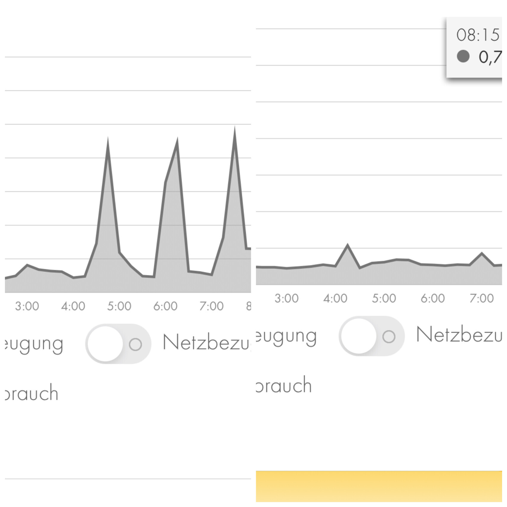 Zwei Diagramme zeigen Netzbezug im Stundenverlauf mit Spitzen um 5:00 und 7:00.