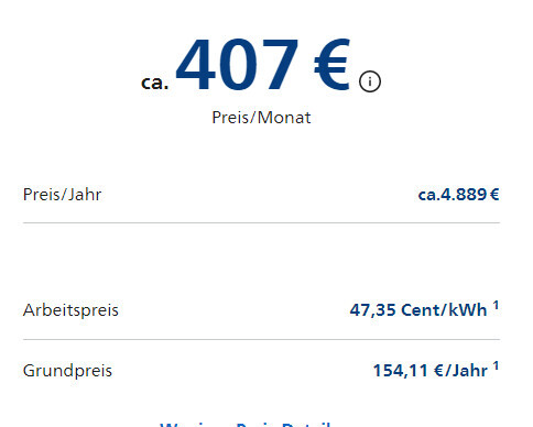 Preisübersicht zeigt monatliche und jährliche Kosten sowie Strompreis pro kWh