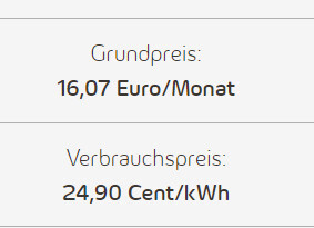 Preisangaben für Energie: Grundpreis pro Monat und Verbrauchspreis pro kWh.
