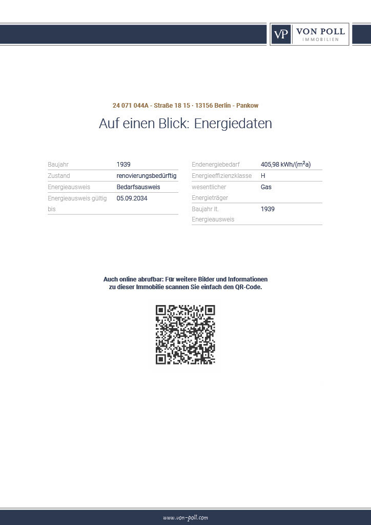 Energiedaten-Seite einer Immobilie: Baujahr 1939, Endenergiebedarf 405,98 kWh/m²a, QR-Code.