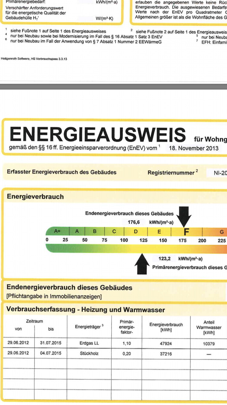 Energieausweis fuer ein Gebaeude mit Endenergieverbrauch und Skala A-G.