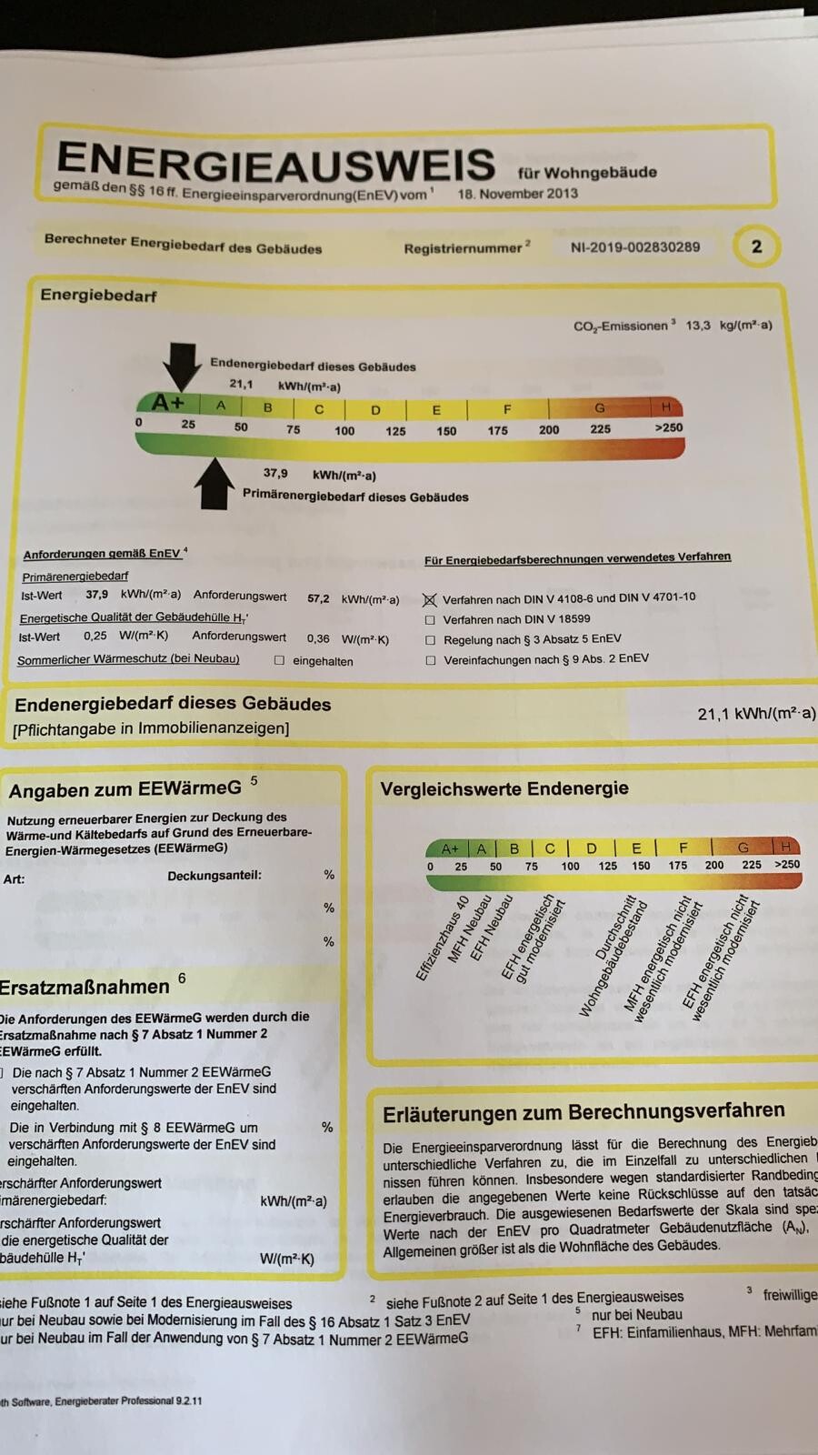 Energieausweis für Wohngebäude mit Skala A+ bis H, Endenergiebedarf und CO2-Emissionen.