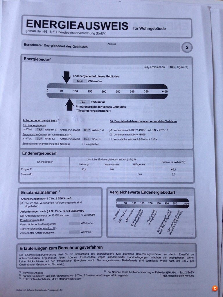 Deutscher Energieausweis mit Diagrammen und Tabellen zur Gebäudeenergieeffizienz für ein Wohngebäude