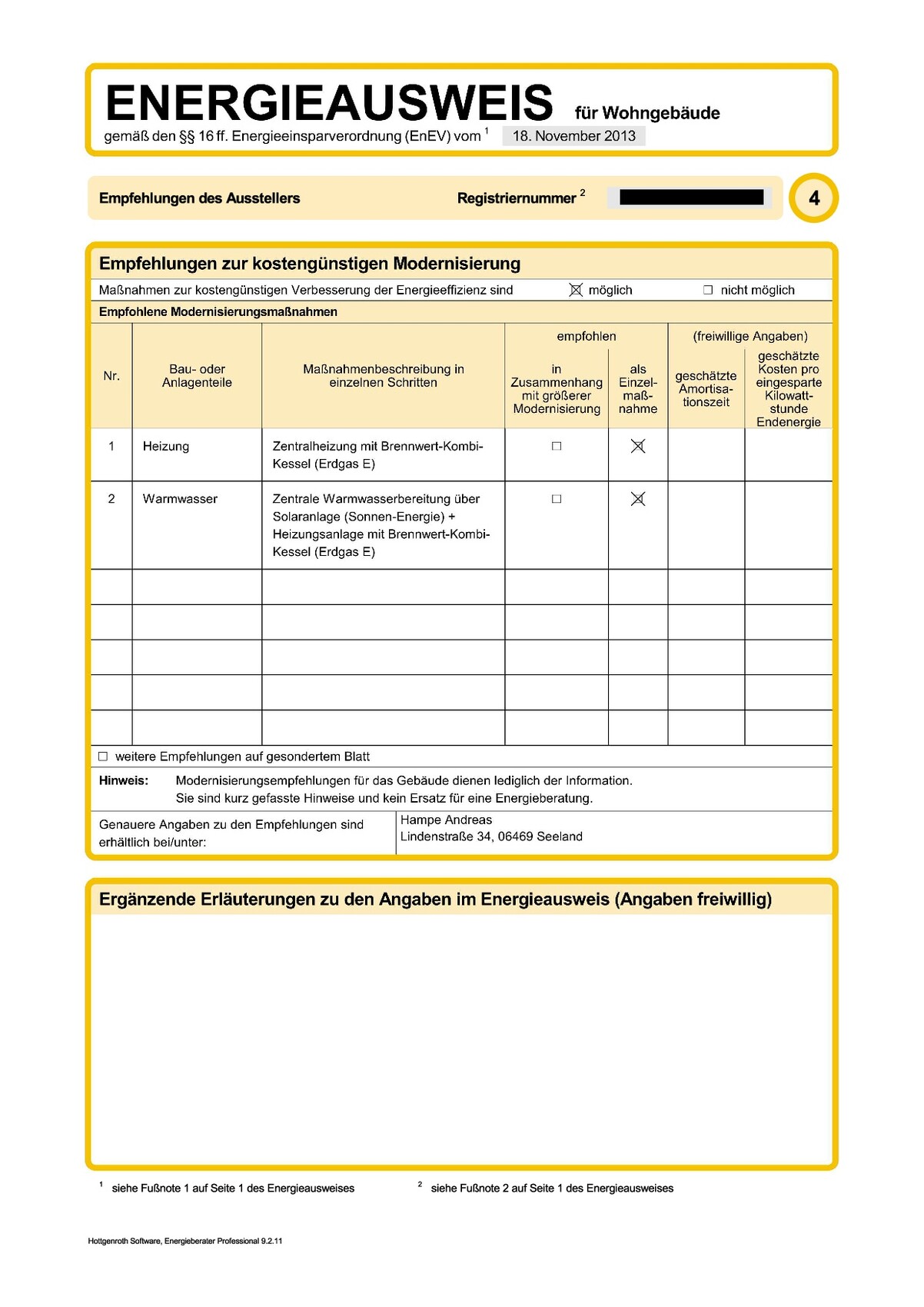 Deutscher Energieausweis (Wohngebäude) mit Empfehlungen zur Modernisierung und Kostenaufstellung.