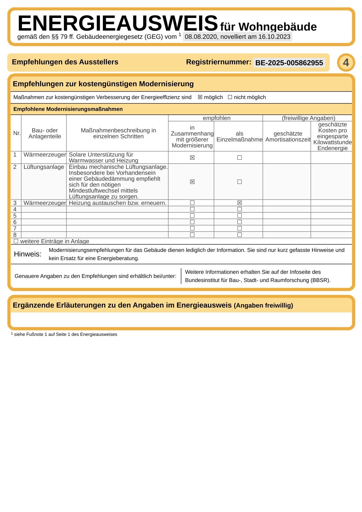 Energieausweis fuer Wohngebaeude mit tabellarischen Empfehlungen und Registriernummer sichtbar.