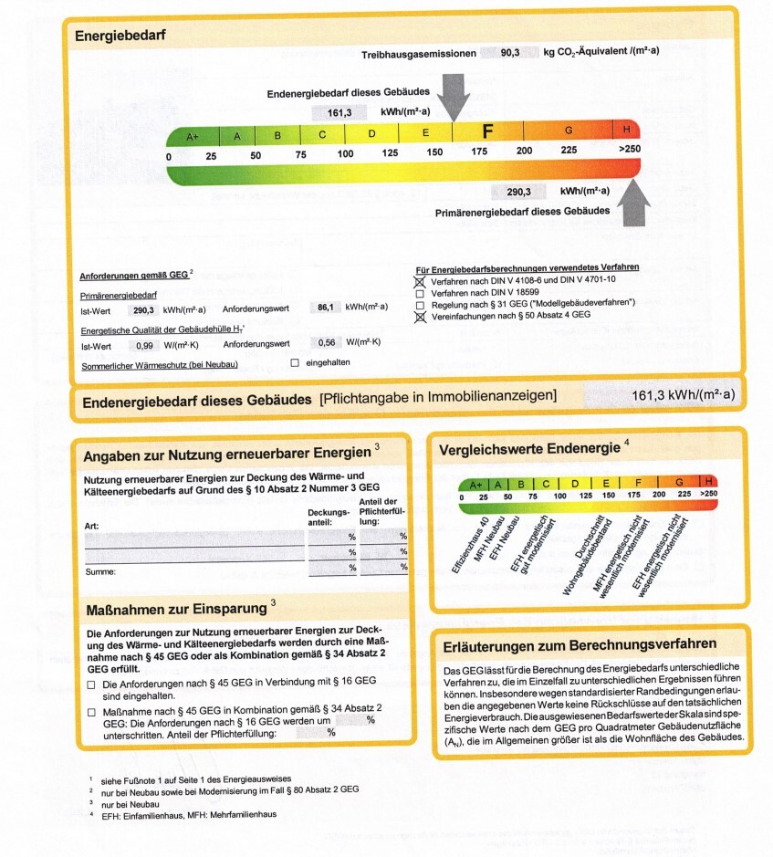 Energieausweis mit Farbbalken A+-H; Endenergiebedarf 161,3 kWh/m²a.