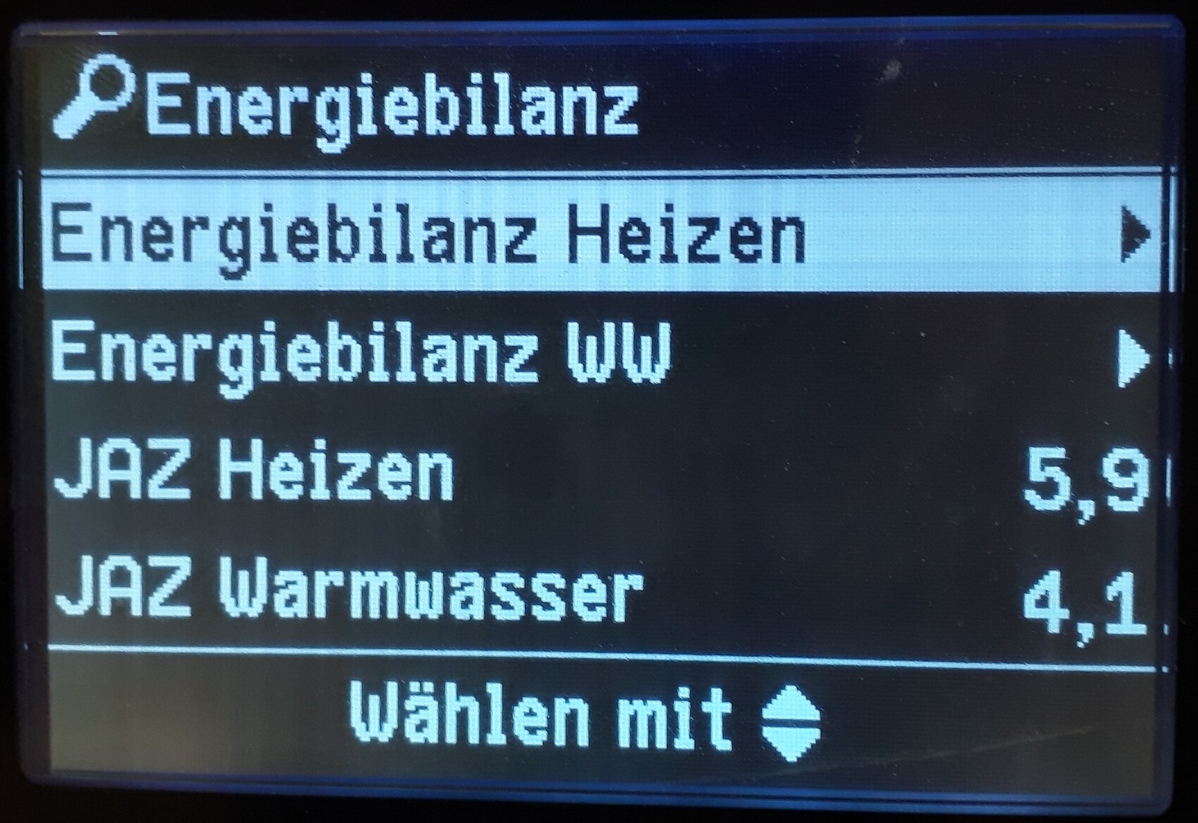 Display zeigt Energiebilanz-Menü: Heizen, WW; JAZ Heizen 5,9, JAZ Warmwasser 4,1.