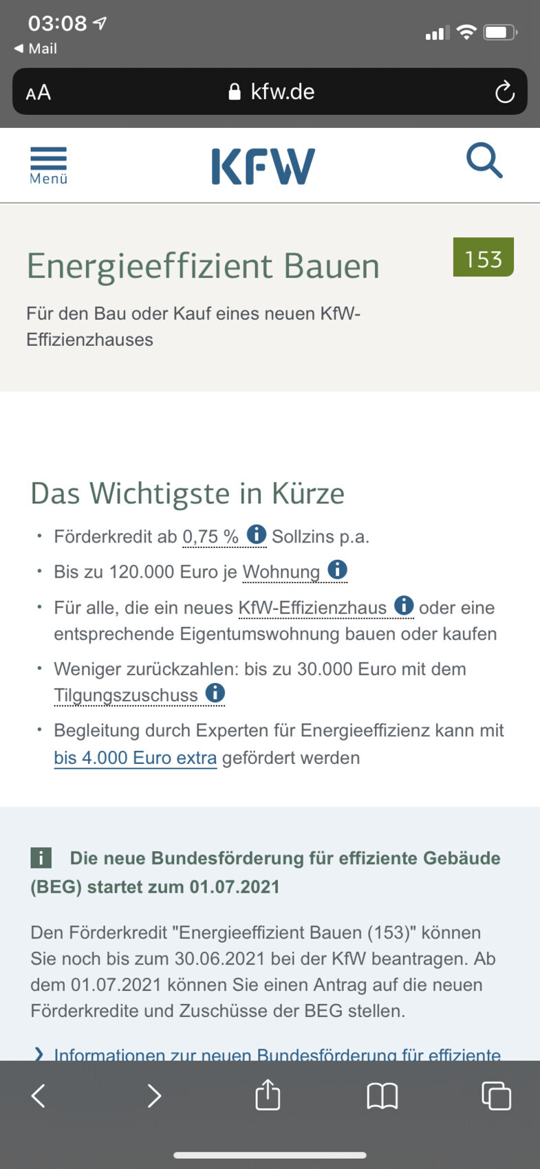 KfW-Webseite: Überschrift Energieeffizient Bauen mit Förderinformationen.