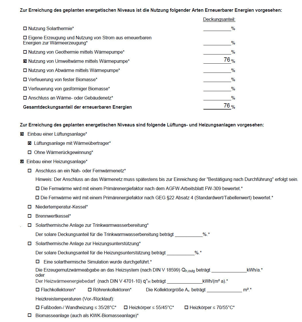 Dokument mit Checkboxen zu geplanten erneuerbaren Energien und Heiz-/Lüftungsanlagen (76%)
