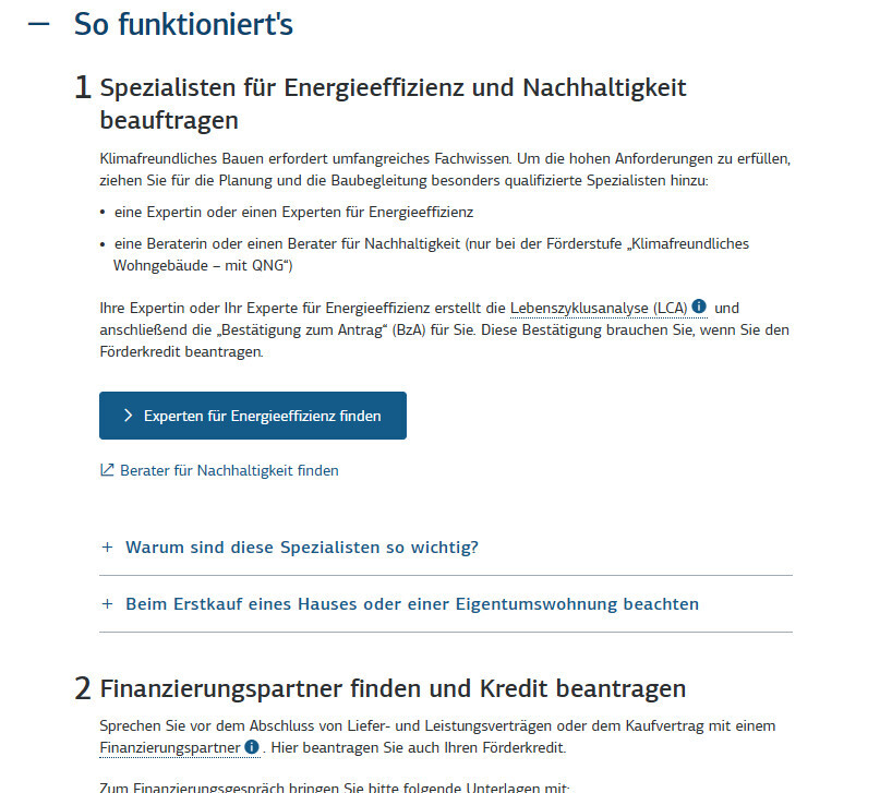 Screenshot einer Service-Seite zu Energieeffizienz-Spezialisten und Finanzierungspartnern