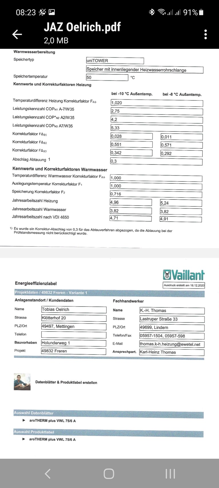 Screenshot eines technischen Dokuments mit Tabellen, Vaillant-Logo und Adressdaten.