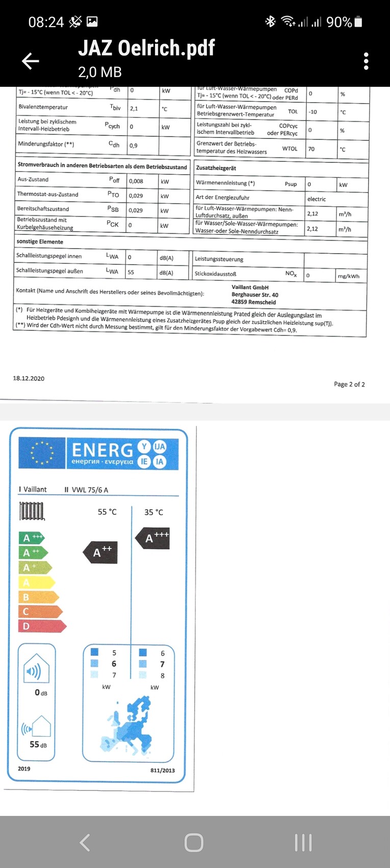 PDF-Screenshot: Tabellenwerte + EU-Energiekennzeichnung für Vaillant-Heizung.