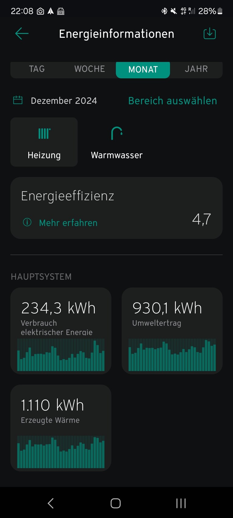 Screenshot der Energiestatistik: Dezember 2024, Heizung, Warmwasser, Effizienz 4,7