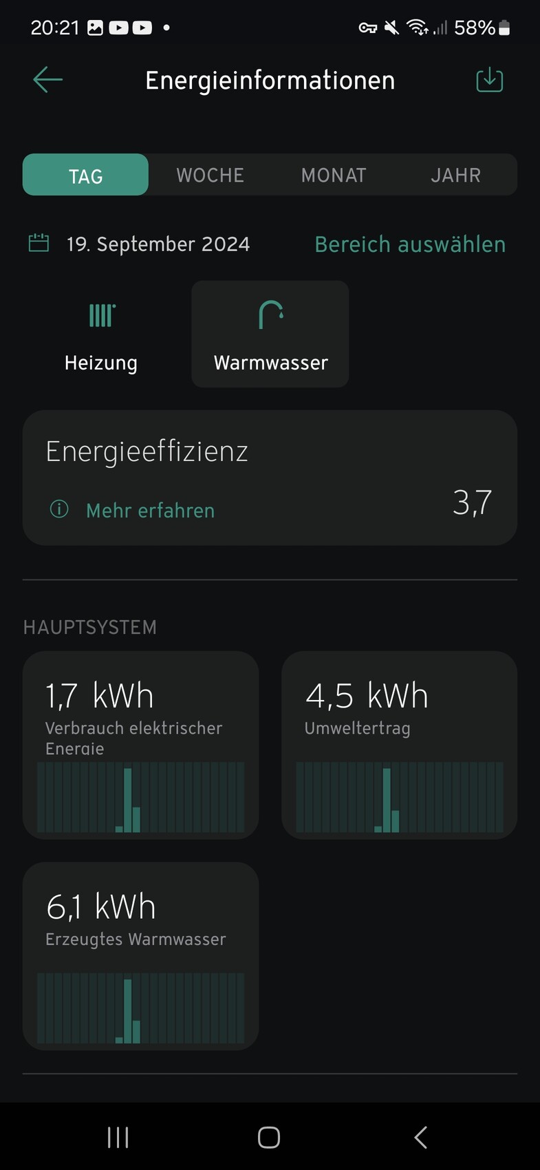 Bildschirm der Energieinformationen-App mit Heizung, Warmwasser, Effizienz 3,7 und Hauptsystemwerten.