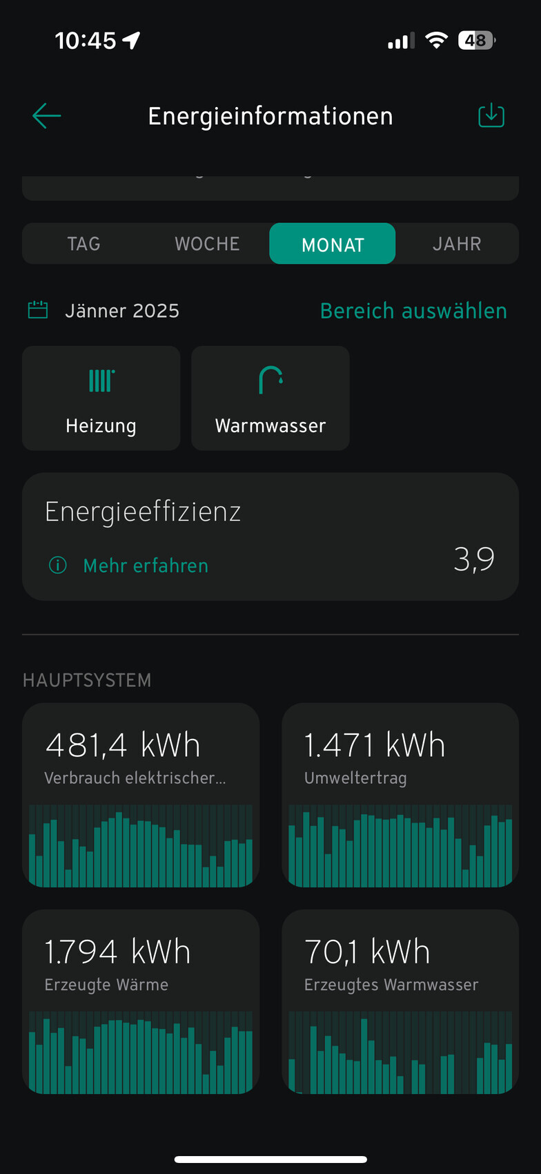 Energieübersicht: Jänner 2025, Heizung, Warmwasser, Effizienz 3,9, Hauptsystem-Verbrauch.