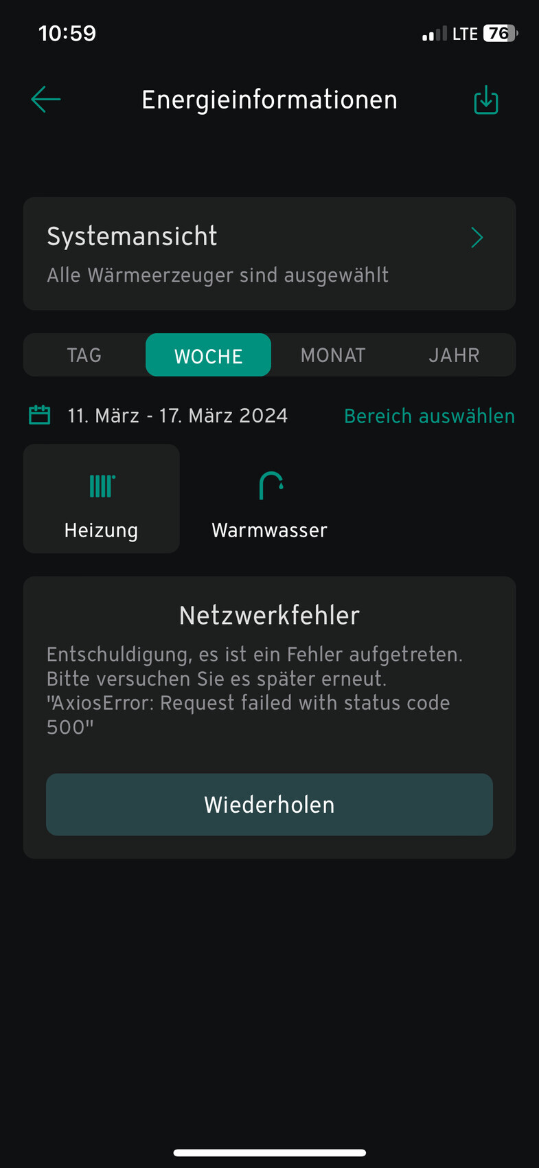 Energie-App: Systemansicht, Wochen-Filter, Heiz- und Warmwasser-Icons, Netzwerkfehler 500