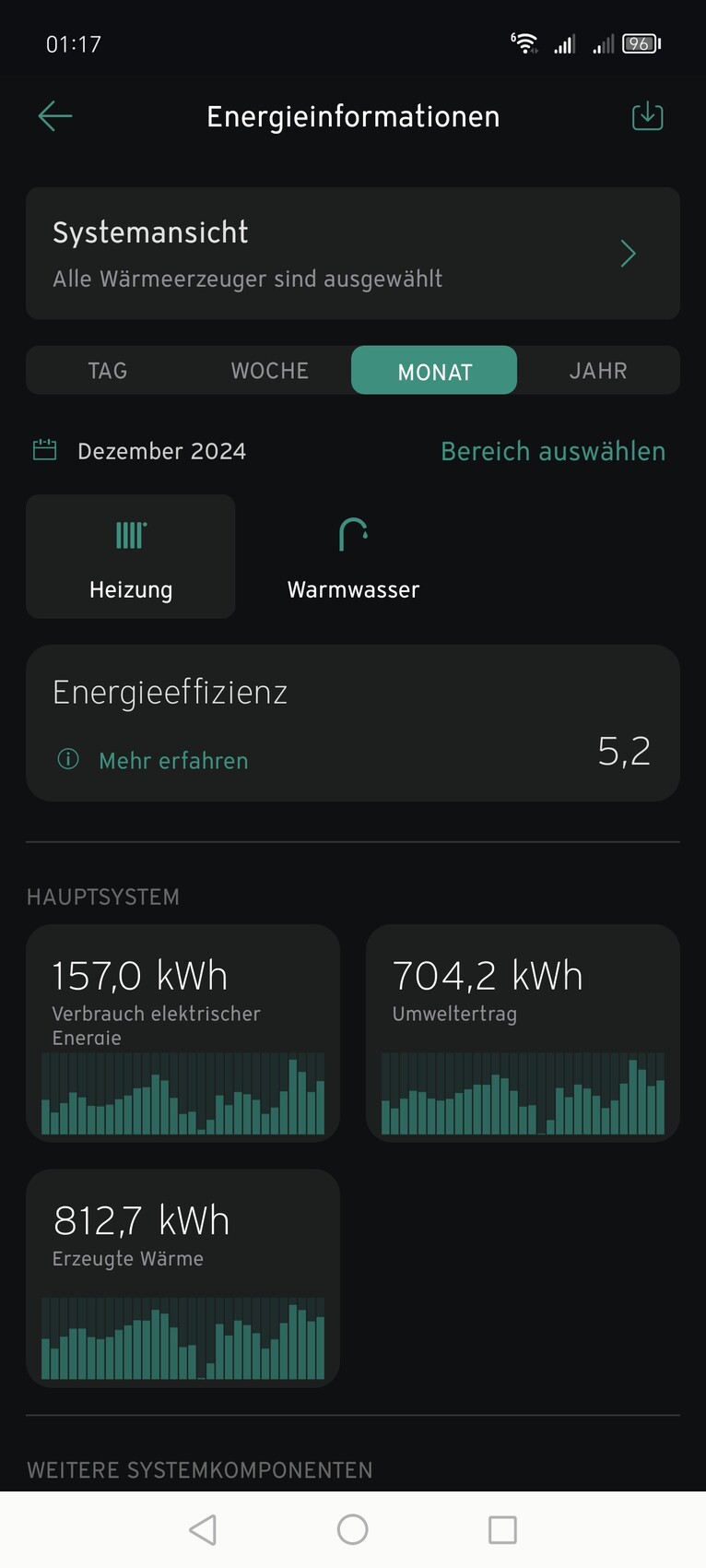 Screenshot einer Energiestatistik-App im Dunkelmodus; Dezember 2024 mit Heizung und Warmwasser