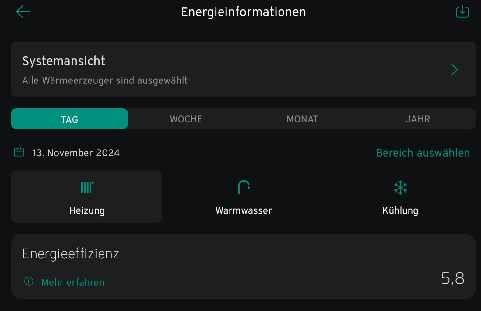 Screenshot einer Energie-App: Systemansicht mit Heizung, Warmwasser und Kühlung.