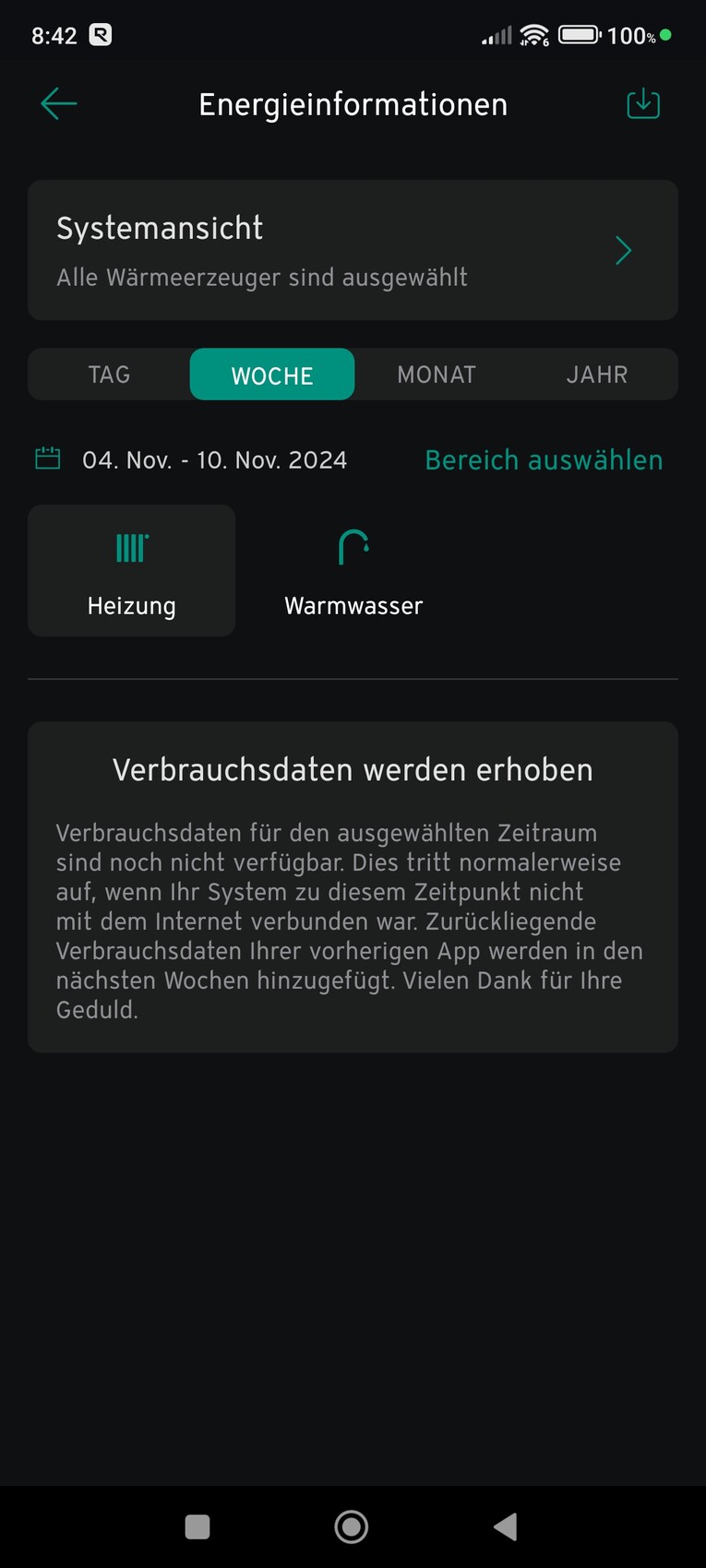 Energie-App: Wochenansicht mit Heizung und Warmwasser-Symbolen.
