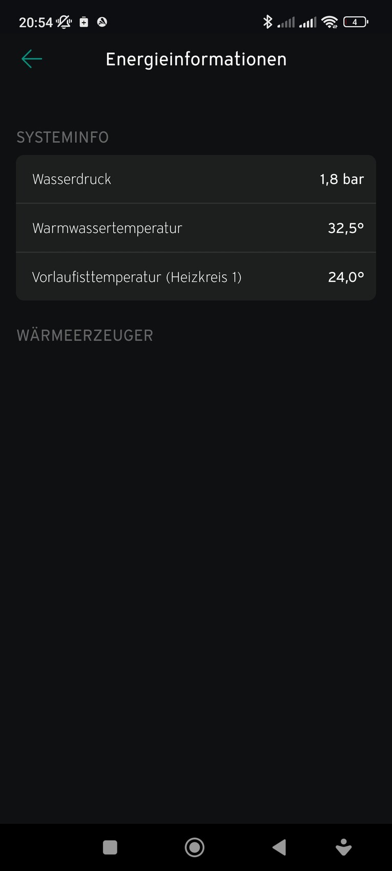 Screenshot der Energieinformationen-App: Wasserdruck 1,8 bar, Warmwasser 32,5°C, Vorlauf 24,0°C