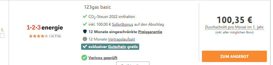 Produktbild: Tarif 1•2•3 energie mit Preis 100,35 €, Gutschein inklusive, Angebot sichtbar.