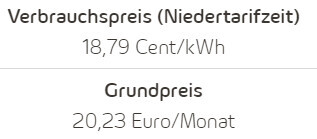 Preisübersicht für Energie: Verbrauchspreis pro kWh und Grundpreis pro Monat.
